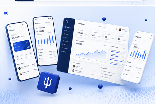 Floating SaaS dashboard and mobile product suite